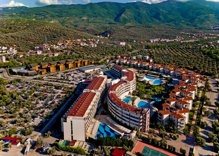 Havadan tesis, zeytinlikler ve arkada Kazdağları